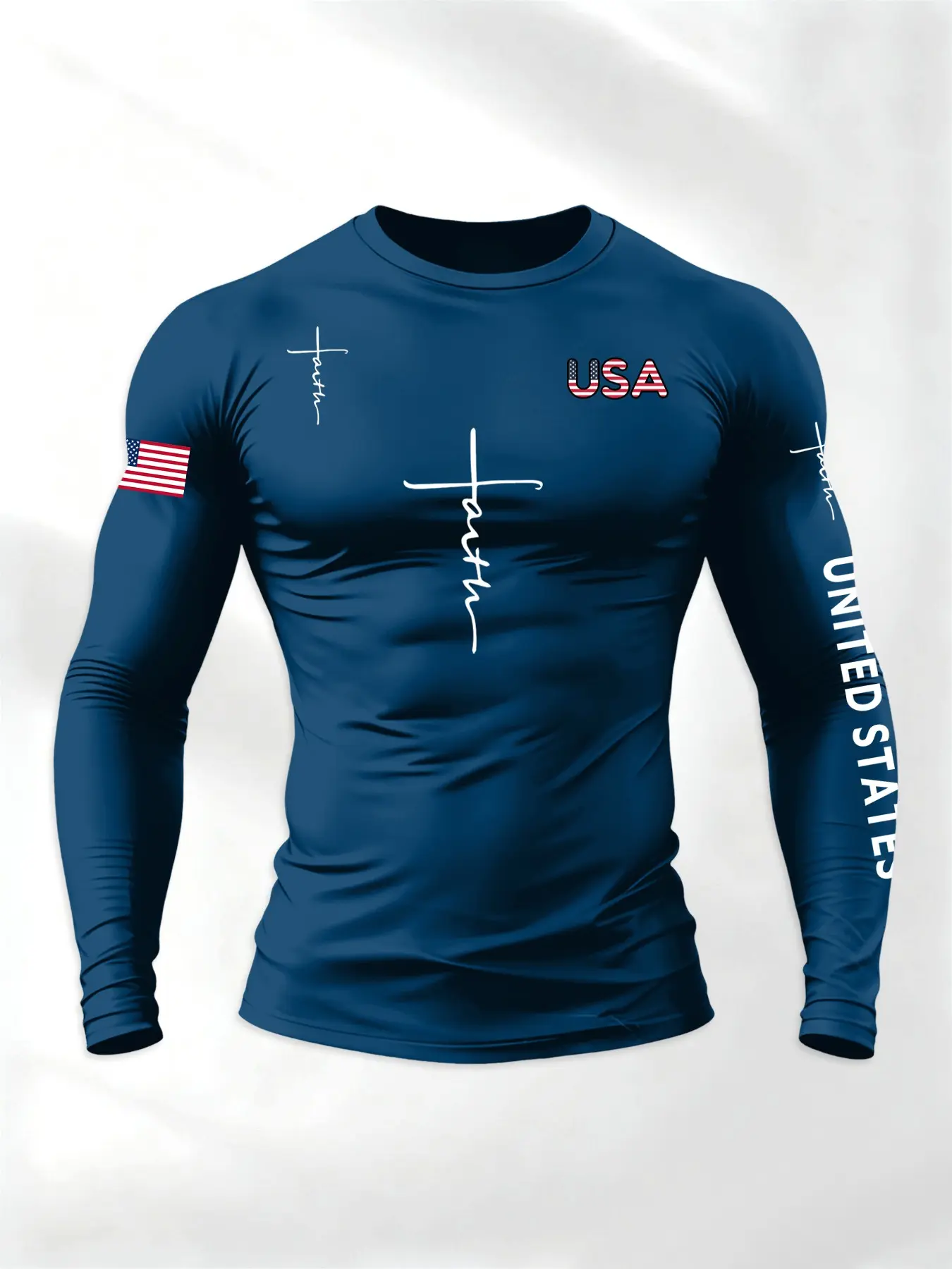 Men's Spring Fall Letter American Flag Print Classic Activewear Casual T-Shirt, Round Neck Long Sleeve, Fitted H-Type, Perfect Gift for Him