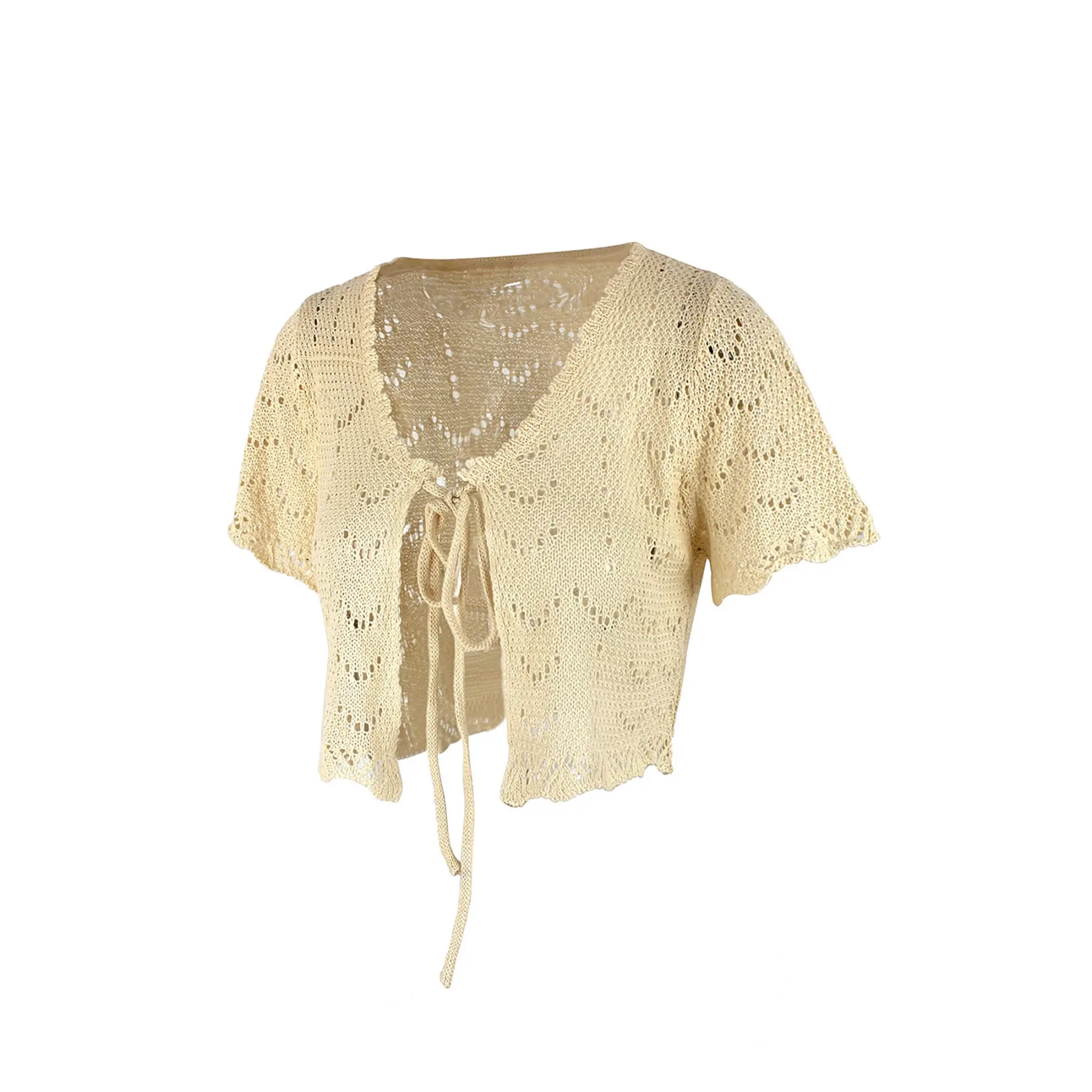 Women's Hollow‑Out Knit Short Sleeve Open Front Cardigan, Lightweight Beach Cover‑Up Knitted Top for Summer
