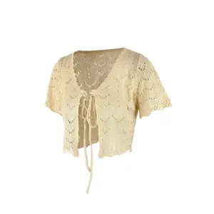 Women's Hollow‑Out Knit Short Sleeve Open Front Cardigan, Lightweight Beach Cover‑Up Knitted Top for Summer