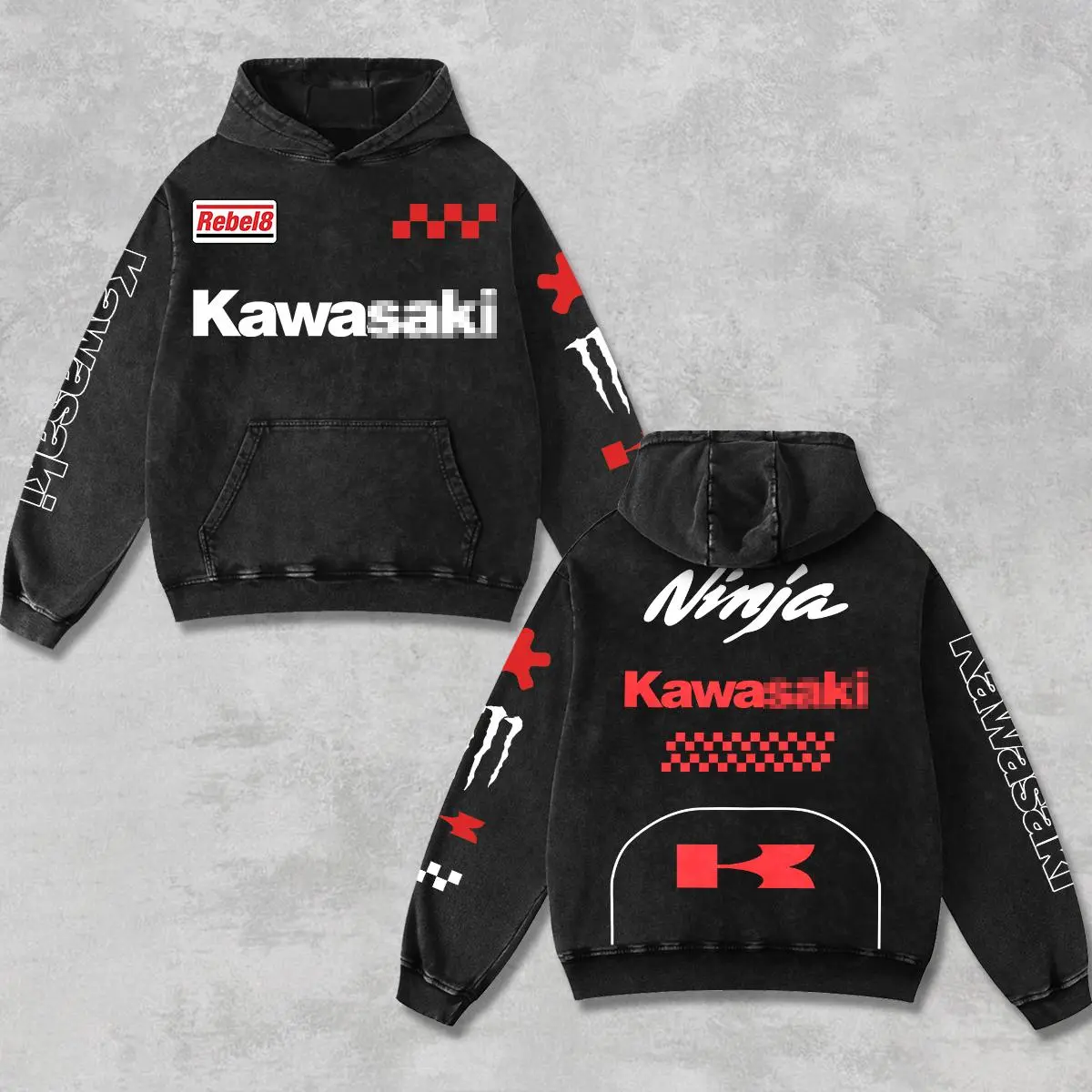 Retro Monster x Red Kawasaki Ninja Racing Hoodie Acid Washed, Motor World Championship Enthusiast, Motorcycle Off-Road Dirt Bike Graphic Streetwear, Heavyweight Biker Sweatshirt, Retro Moto Gear Motorbike Apparel Men’s Grunge Y2K Racing Jacket Style