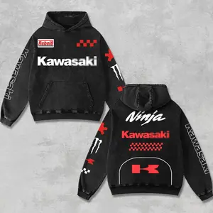 Retro Monster x Red Kawasaki Ninja Racing Hoodie Acid Washed, Motor World Championship Enthusiast, Motorcycle Off-Road Dirt Bike Graphic Streetwear, Heavyweight Biker Sweatshirt, Retro Moto Gear Motorbike Apparel Men’s Grunge Y2K Racing Jacket Style