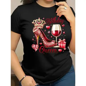 Birthday Queen Pattern Printed T-shirt Short Sleeve Round Neck Casual Top Summer Spring Women's Clothing Fabric Fit Basic Graphic Tee