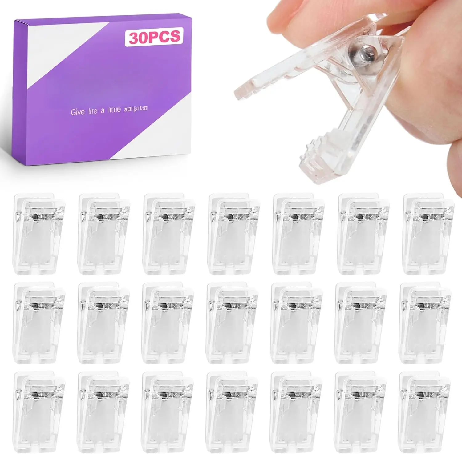 30 Pack Clear Adhesive Wall Clips -  Strips Hooks, Small Sticker Hooks for Hanging Photos, Posters, Tapestries -  Free Wall Hangers