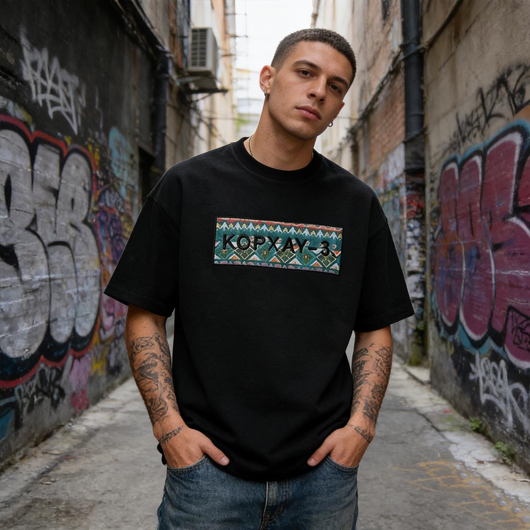 Men's Oversized Embroidered KOPXAY-3 Graphic Tee, Vintage Streetwear Cotton T-Shirt