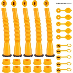 Gas Can Spout Replacement 5 Kits, 1/2/5/10 Gallon Gas Can Nozzle Replacement, Leak Proof, HDPE Material, Yellow, 8 Inch Flexible Nozzles, Spout Cover, Base Cap, Screw  Caps, Drill Bit