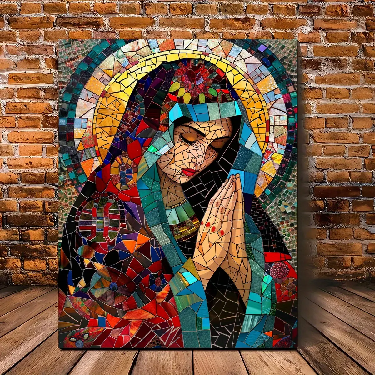 Religious Holy Virgin Mary Framed Canvas - Stained Glass Style, Wood Frame, Christian Devotion Home Wall Decor for Living Room, 11.8x15.7in