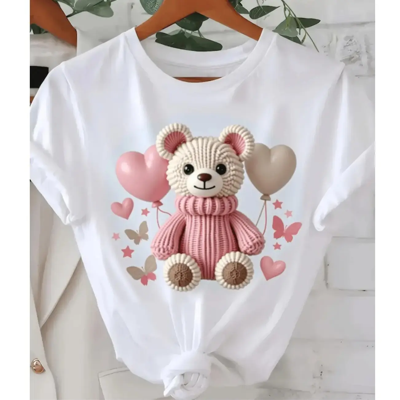 Women's Soft T-Shirt with Adorable Teddy Bear & Balloon Print – Short Sleeve, Casual Round Neck Top, Lightweight & Stretchy for Casual Attire, Casual Daily Wear |   Girly Casual Style |   Comfortable Fit