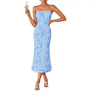 ZESICA Women's Summer Strapless Floral Midi Dress 2026 Bodycon Mesh Tube Wedding Guest Cocktail Party Long Dresses