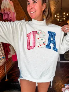 Americana Patchwork Embroidered Mock Neck