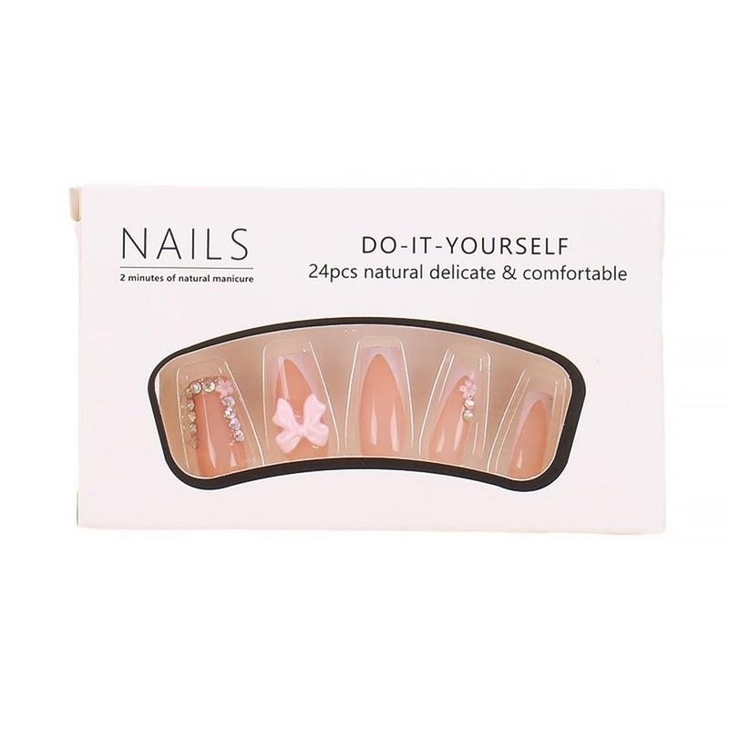 Name 24pcs White French Tip Press-On Nails Short Square Fake Nails with Rhinestones Pink Flower Bow Design Acrylic Glue-On False Nails for Women DIY Easter Birthday Gift