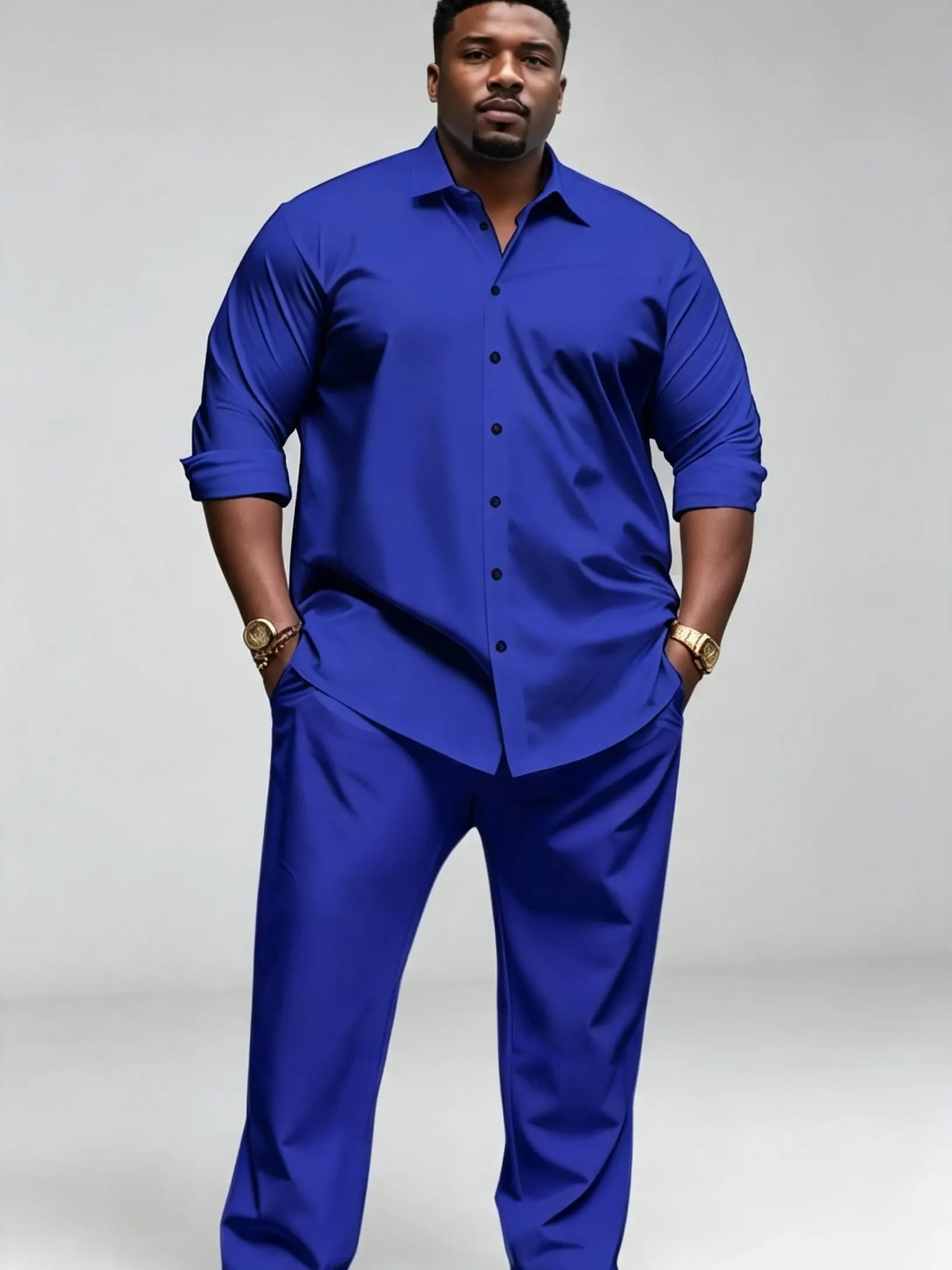 Men's Big & Tall Plain 2-Piece Suit Set - Wrinkle-Textured, Slight-Stretch Woven Polyester Clothes, Lapel Button-Down Shirt, Loose-Fit Straight Pants, Machine Wash, Spring Summer Casual Outdoor Outfit