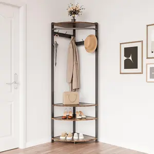 Corner Coat Rack With Shoe Bench for Entryway, Hall Tree With 6 Double Hooks, Clothes Rack With Storage and Organizer Shelf for Hallway, Closet