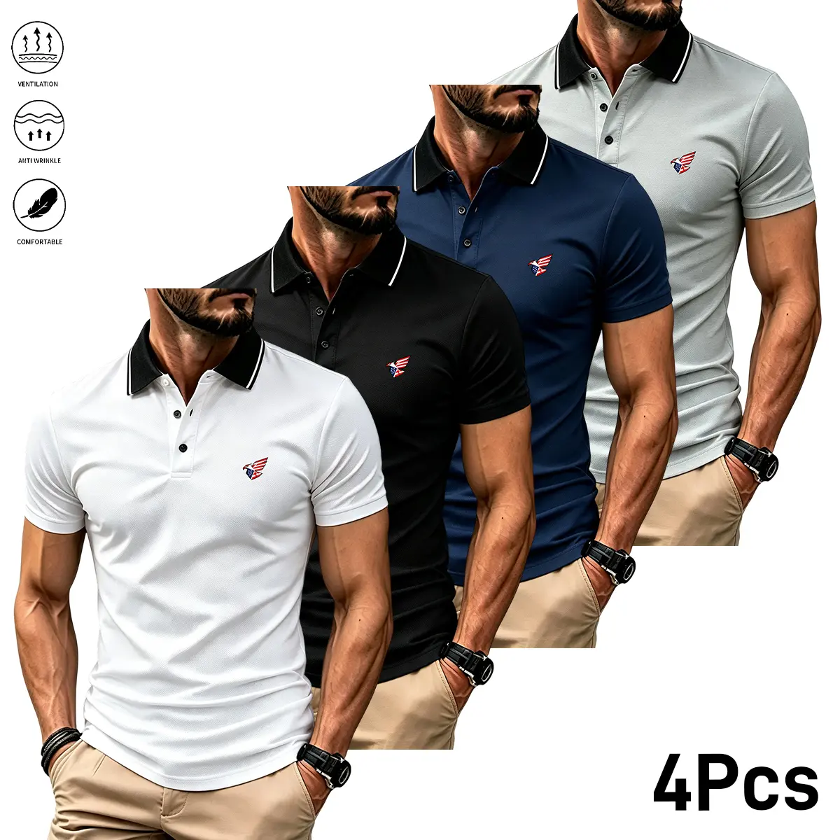 4PCS men’s short-sleeve polo shirts, including quick-dry short-sleeve polos suitable for golf and tennis; comfortable cycling apparel, 2026 new printed polo shirt design—a summer essential and a Father’s Day gift recommendation.Men’s golf polo shirt for w