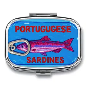 Vintage Pop Art Design Portuguese Sardines Pill Case, 2-Compartment Travel Pill Organizer with Mirror, Portable Plastic Pill Box, Vitamin Organizer
