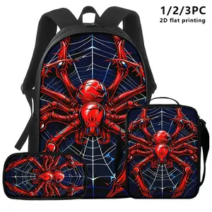 1pc/2pcs/3pcs Backpack, Shoulder Bag, Pouch with Red Spider/Web 2D Print; Dark Sci-Fi Style for Young Adults; Ideal for Commuting, Travel, Streetwear