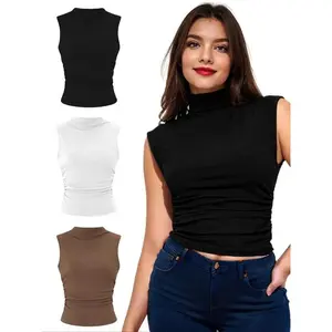 Women's Solid Color Mock Neck Ruched Tank Top, Summer Clothes Women,?Casual Basic Sleeveless Top for Daily Outdoor Wear, Women's Clothing for SummerGift