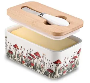 Fungi Fun Ceramic Mushroom Butter Dish with Lid and Knife, Cute Butter Dish for Countertop and Fridge, Ceramic Container for Countertop with Lid and Selicon Seal, Ideal for Mushroom Kitchen Decor