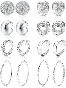 8 Pairs of Female Clip Earrings 14K Gold Clip Ring Earrings Hypoallergenic Light False Ring Earrings Non-hollow Jewelry Gold and Silver Tone.