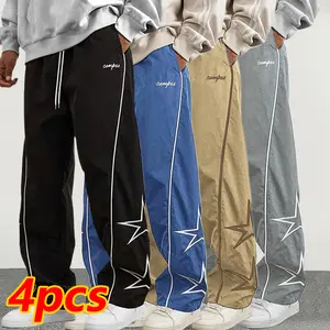 Men's All-Season Loose Tapered Cuff Star-Pattern Embroidered Athletic Pants, Fashion Casual Comfortable Trousers, Polyester Fabric, Trendy Men's Sweatpants