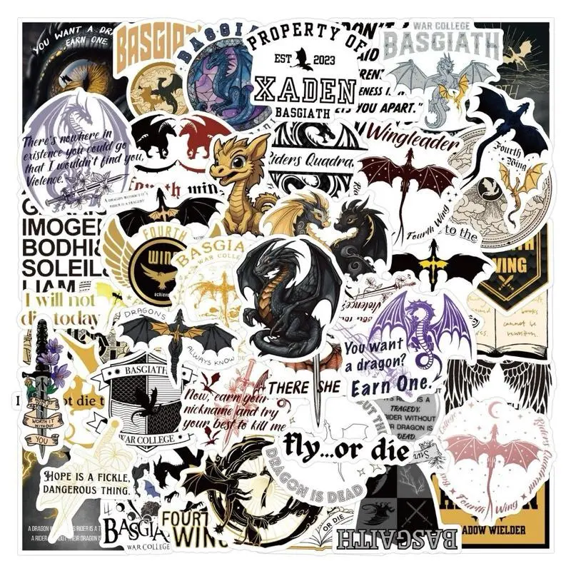 50 Pcs Fourth Wing Vinyl Stickers – Perfect for Water Bottles, Laptops, Phone Cases, Scrapbooks, Textbooks, and Gift Wrapping