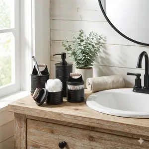 4-Piece Matte Black Bathroom Accessory Set - Modern Farmhouse Accessories - Soap Dispenser, Toothbrush Holder, 2 Apothecary Jars w/ Wooden Handles Lightweight Vanity