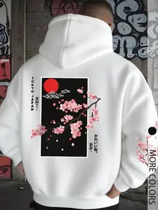 Men's Sakura Print Hoodie, Japanese Aesthetic Street Style, Tokyo Cherry Art Pattern, Soft Fleece Pullover, Y2K Harajuku Casual Fit