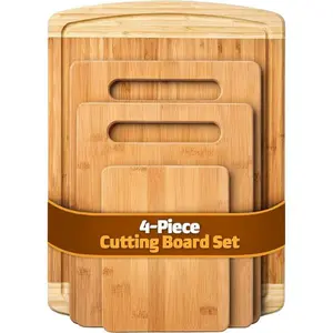 4-Piece Bamboo Cutting Board Set – Natural Wood Chopping Boards with Juice Groove Board, Built-In Hand Grips & Two-Tone Finish – Durable, Knife-Safe, Water-Resistant Wooden Cutting Boards for Kitchen Prep & Serving