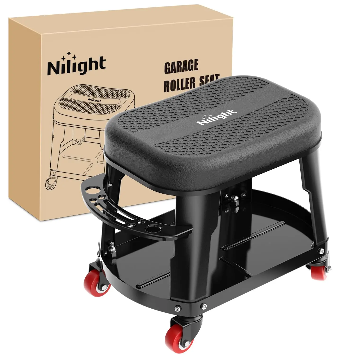Nilight Rolling Mechanic Stool 300LBS Black Garage Seat with Tool Tray | Large Side Storage 4 Rollers 360 Degree Swivel Casters Heavy Duty Steel for Garage Workshop Auto Repair