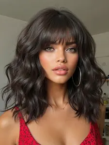Short Water Wavy Wig, Gorgeous Fluffy Wigs with Blunt Bangs, Natural Look Synthetic for Party, Daily Use, Natural Looking Wig, Synthetic Soft Hair