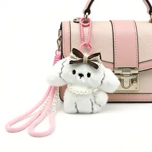 Cute Floppy Ear Puppy Plush Keychain With Bow Pearl Collar, Kawaii Soft Stuffed Dog Bag Charm, Ideal Birthday Holiday Gift For Her