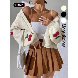 Women's Cherry Embroidery Lantern Sleeve Cardigan, Casual Long Sleeve Open Front Knitwear for Spring & Fall, Fashion Women's Knit Clothing for Daily Wear