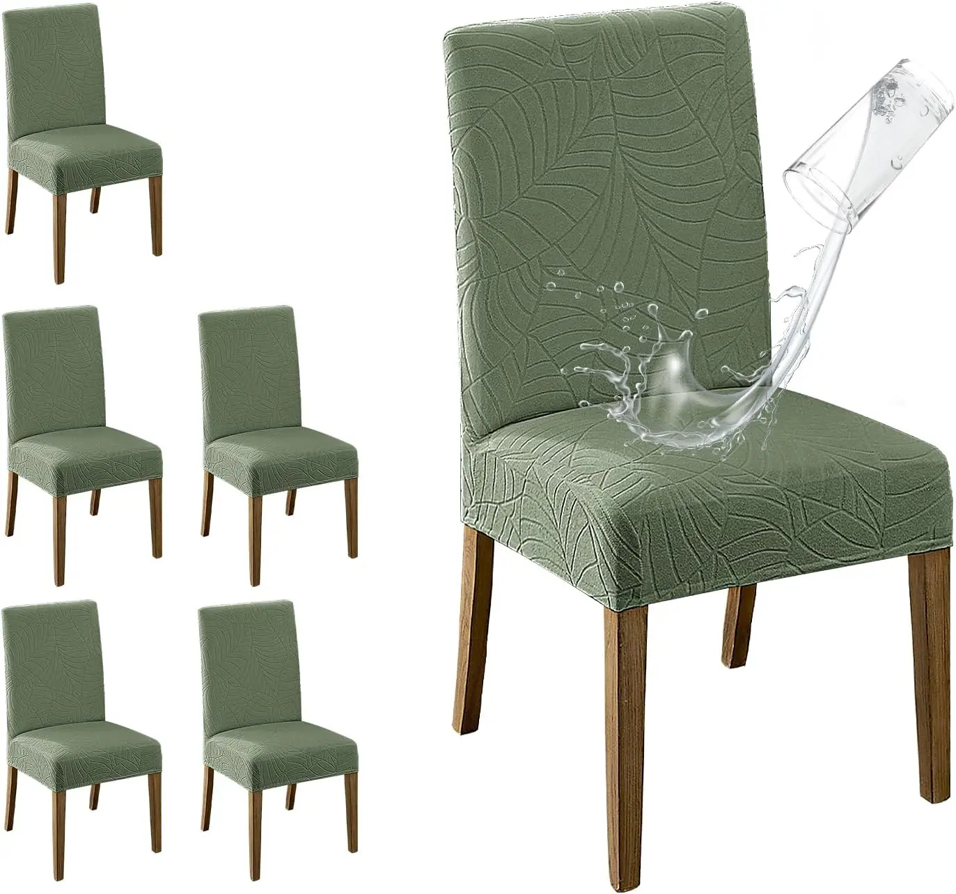 MOSAYT 100% Waterproof Dining Room Chair Covers Set of 6, Super Fit Stretch Jacquard Parson Chairs Slipcovers Removable Washable Chair Seat Protectors for Home, Kitchen, Banquet (Green)