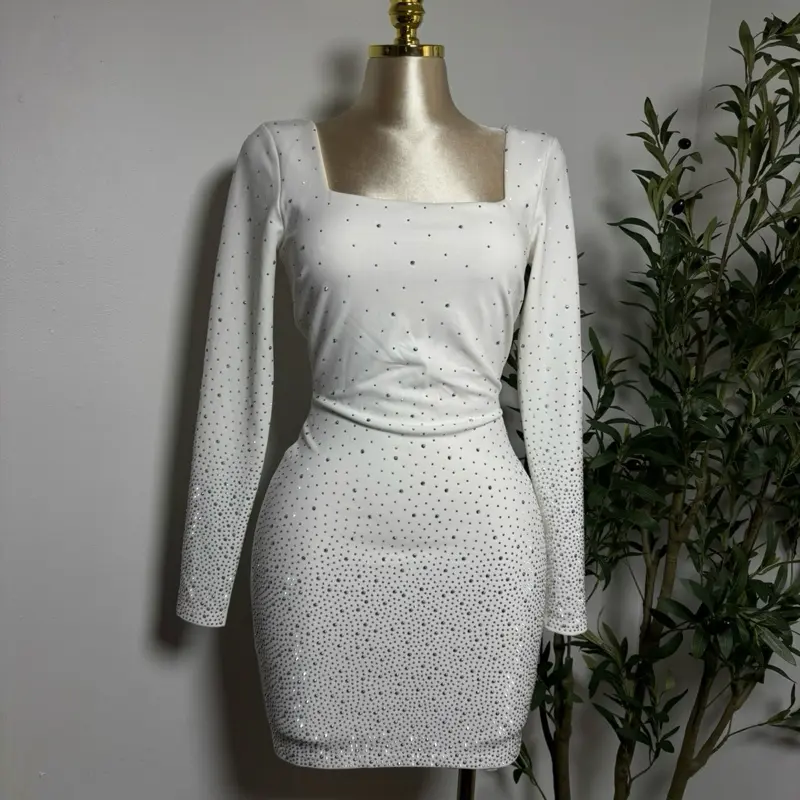 WHITE GRADATION RHINESTONE MINI DRESS
