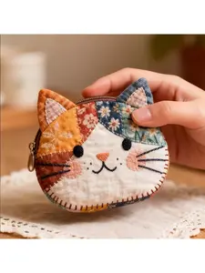 Japanese Style Cute Cat Patchwork Canvas Bag, Large Capacity Zipper Coin Purse, Portable Storage Pouch for Daily Use & Travel