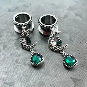 PAIR of Unique Emerald Green Stone Moon Dangle Screw Fit Tunnels/Plugs - Gauges 2g (6mm) thru 5/8" (16mm)