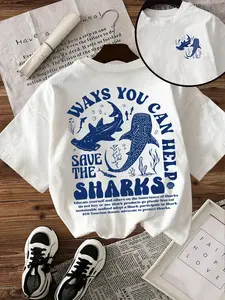 Oversized Save The Sharks Animal Graphic Tee - Vintage Ocean Conservation Marine Biology T-Shirt, Front & Back Print Casual Round Neck Top
