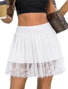 Womens Pleated Y2k Skirt Lace Mini Skirts Sexy High Waist Short Going Out Skirt,Women Y2k Mini Slip Skirt with Lace Trim Pleated Ruffle Short Skirts Flowy Club Night Skort Underskirt XS-XL Clothes Womenswear Crew Neck