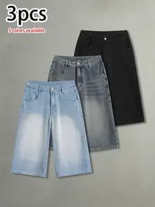 Pack of 3 men’s washed distressed denim shorts—summer cotton shorts that are comfortable and skin-friendly for everyday wear; versatile casual athletic shorts with a retro street-style fashion look and a loose fit.summervibes