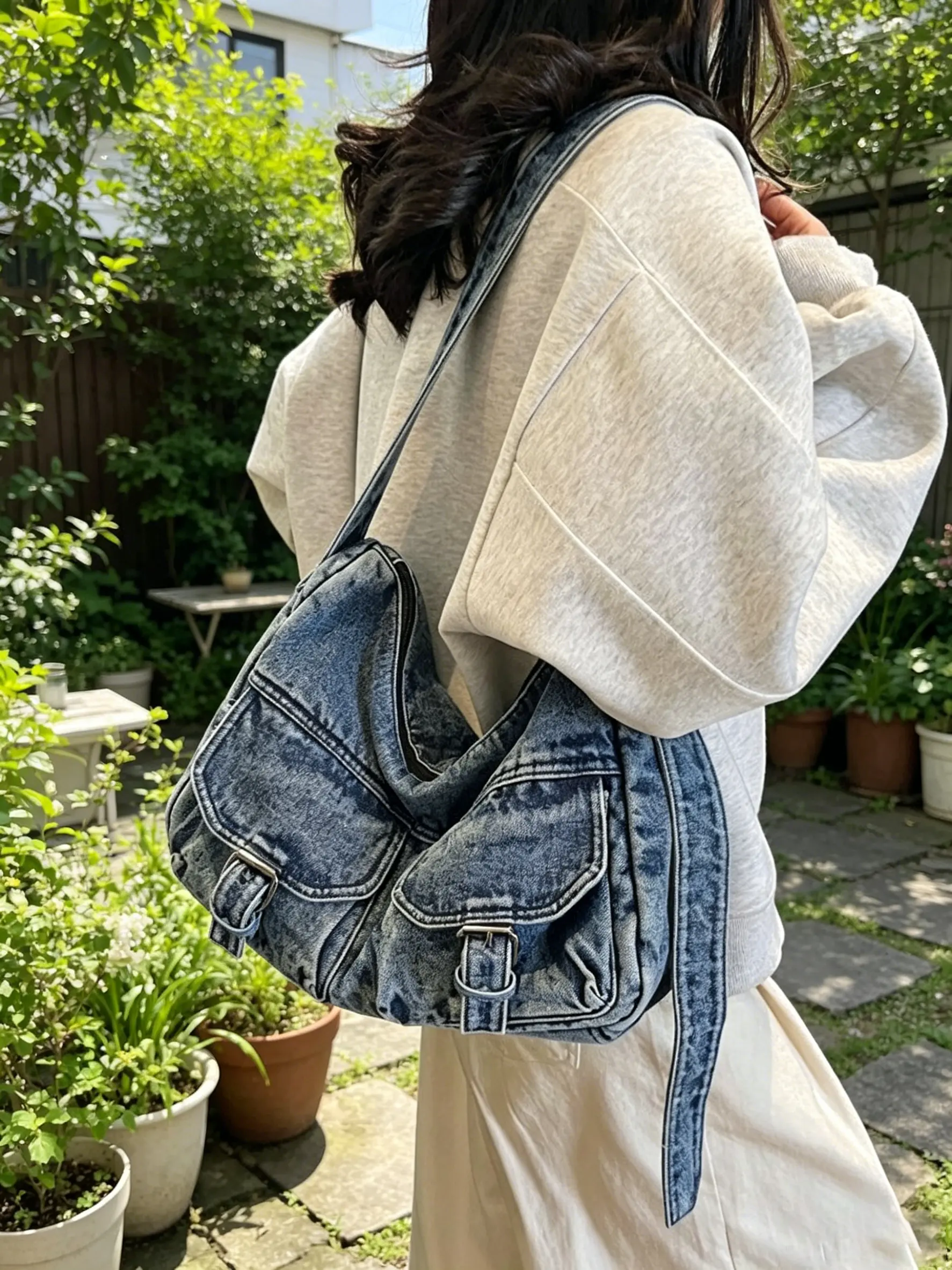 Womens Y2K Vintage Washed Denim Shoulder Bag Cargo Multi-Pocket Edgy Biker Underarm Purse Aesthetic Grunge Streetwear Daily Handbag
