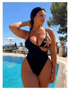 Women's One Piece Swimsuit Black - Asymmetrical Halter Bathing Suit with Rhinestones, Side Cutout Monokini Tummy Control Swimwear for Beach, Pool & Vacation - Size M
