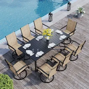 9-Piece Patio Dining Set of 8-Seater with Iron Table & 8 Swivel Chairs, Adjustable 1.57"-1.97" Umbrella Hole, All-Weather Design for Deck, Backyard, Poolside (Brown/Blue/Gray)