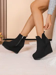 Women's Solid Color Zipper Side Ankle Boot, Fashionable Warm High Wedge Boot for Fall & Winter, All-match Commuter Shoes for Work & Daily Wear, Footwear, Casual Boots
