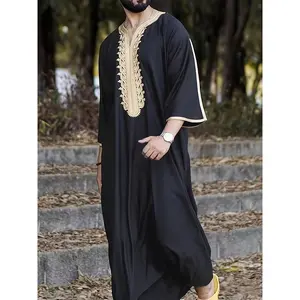 Men Islamic Robe Muslim Kaftan Half Sleeve V Neck Vintage Casual Dubai Saudi Arabia Men Clothing Embroidery Jubba Thobe