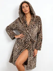 U2SKIIN Women’s Leopard Print Hooded Fleece Robe, Short Animal Print Fleece Bathrobe, Sizes S–5XL, Hooded Design, Soft and Warm, Suitable for Spa Showers and Home Wear, Long-Sleeve Loungewear,