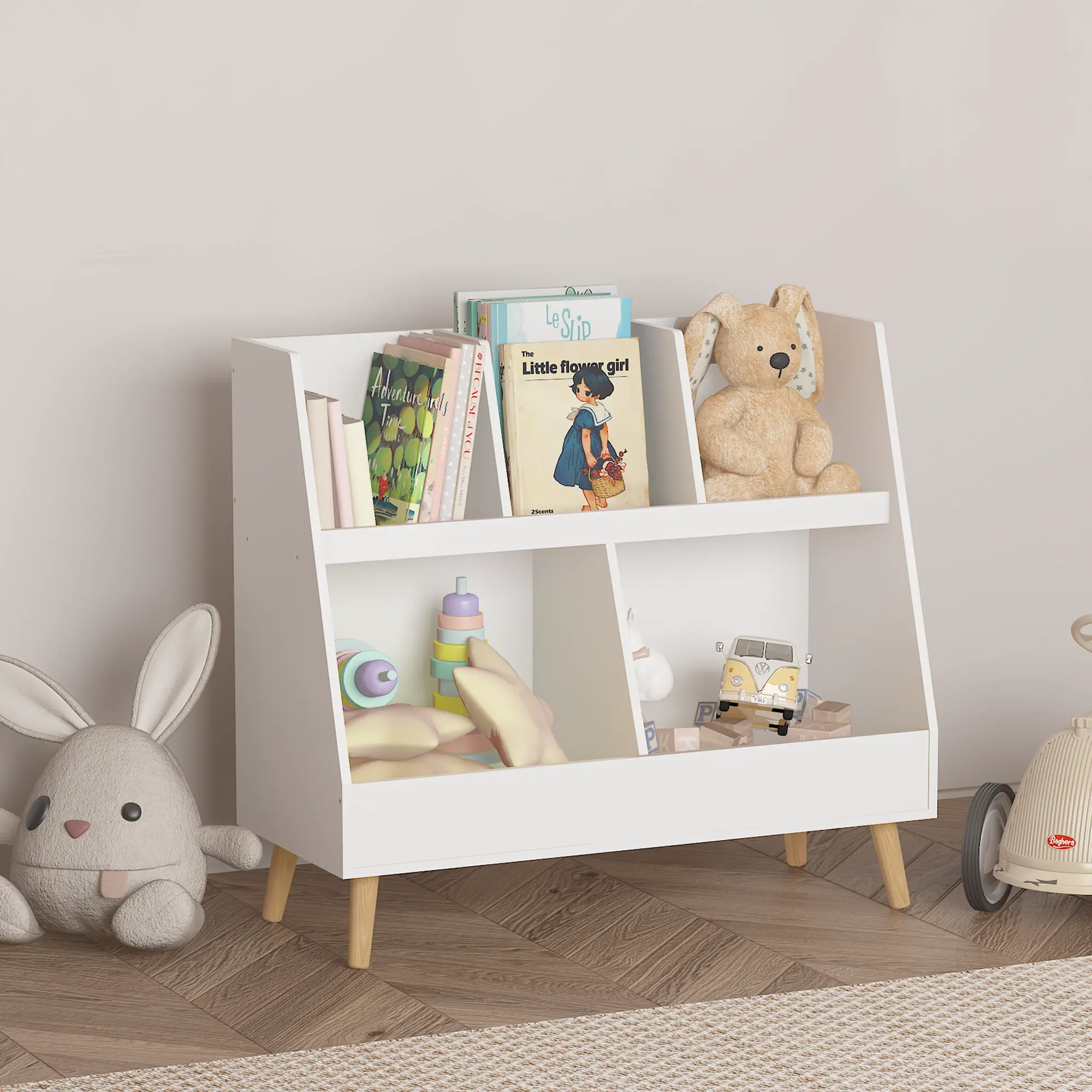 ATUMCTO Montessori Front-Facing Engineered MDF Kids Bookshelf-Toy Organizer, Stable Durable 5-Cubby Toddler Bookcase, Minimalist Decluttering Neutral Indoor Nursery Furniture, 15-20 Kg Capacity, Assembly Required, White Decor
