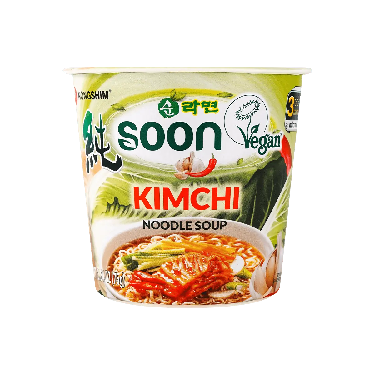 Nongshim Soon Vegan Ramen Kimchi Flavor Cup - 75g, Plant-Based Korean Instant Noodles, Spicy Vegetarian Meal
