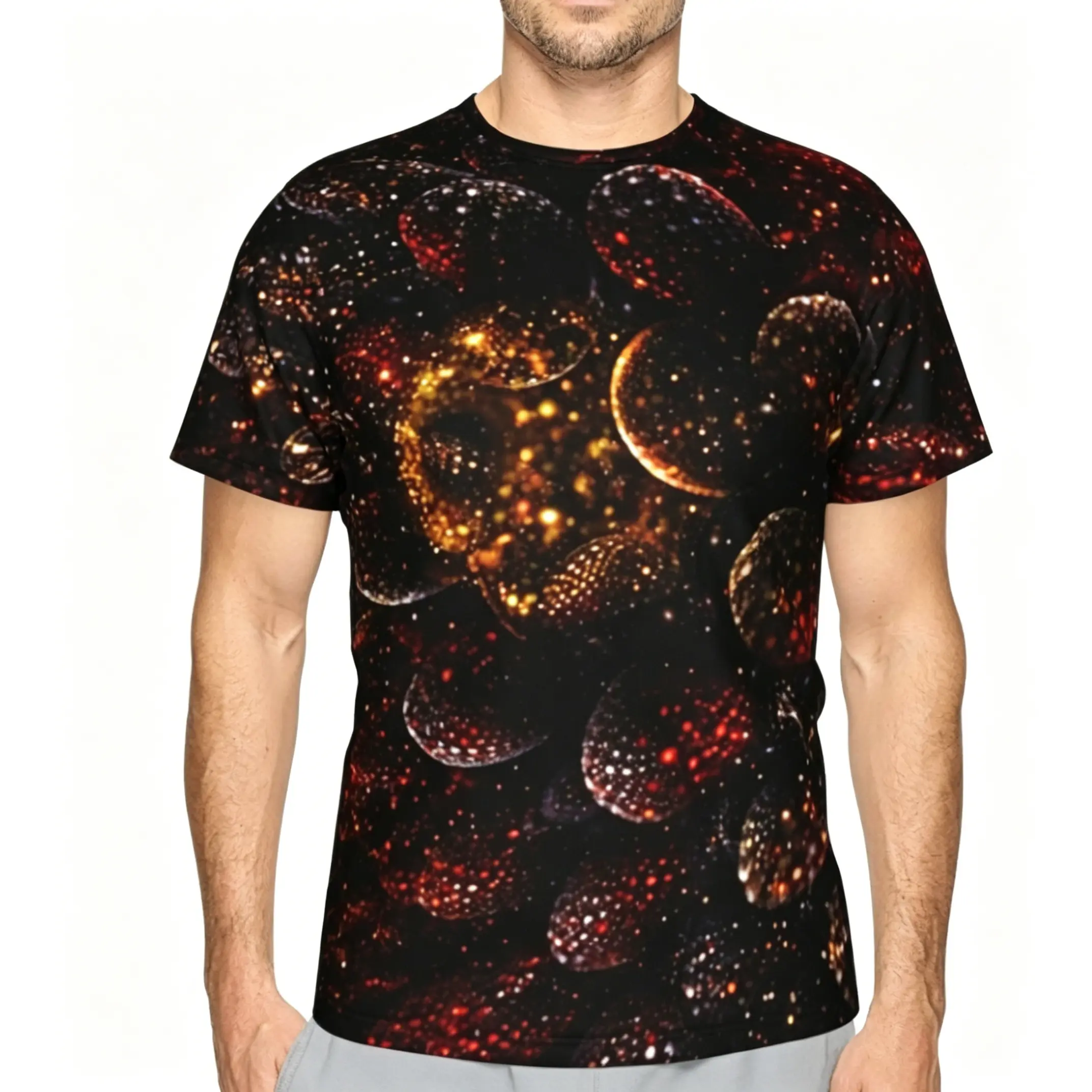 Menswear Men's 3D Full Print Round Neck Short-Sleeve T-Shirt - Galaxy Dark Starry Sky Scale Texture, Summer Comfortable Streetwear, Fitness Top, Couple Pattern Friend Gift, Color Mixing, Crew Neck, Shortsleeve, Relaxed Fit, Elasticity, Standard, Cold Wash