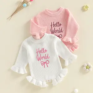 Baby Girl Sweater Romper Cute Letter and Bow Embroidery Round Neck Long Sleeve Knit Jumpsuit