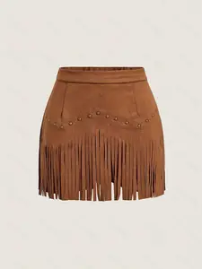 Women's Fringe Trim Short Skirt, Elegant Solid Color Zipper Skirt for Daily Wear, Ladies Bottoms for All Seasons