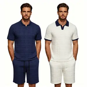 Men's 2-Piece Casual Clothing Set - Textured Fabric V-Neck Shortsleeve Shirt, Relaxed Fit Medium-Length Shorts for Daily Wear